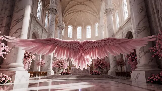 Massive Soft Pink Angel Wings Suspended Amidst Grand Cathedral Columns and Arched Ceilings