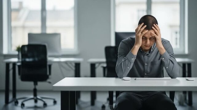 Stressed young man sitting at office desk feeling overwhelmed and burnout at work