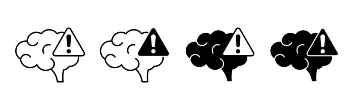 Brain icons with warning symbols on white background