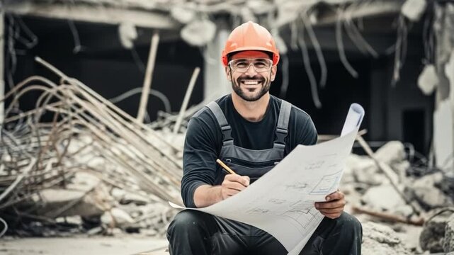 Male construction engineer with blueprints sitting at demolition site for renovation planning and project management