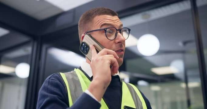 Man, engineer and phone call on office with stress, thinking and contact for construction career. Person, technician or architect with talk, app or mistake for confused with review at property agency