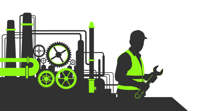 Industrial worker with machinery and gears.