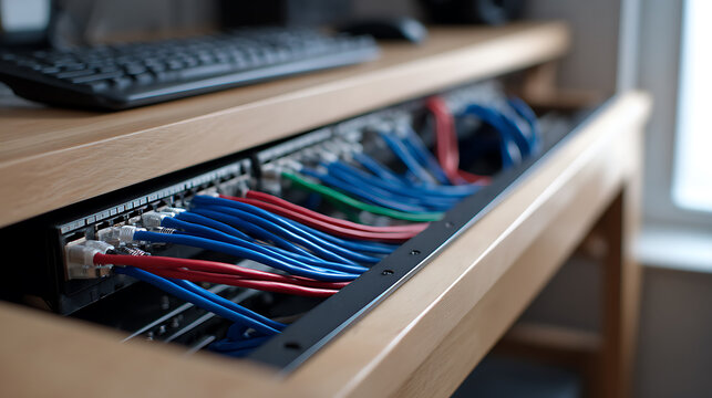 Network patch panel with colorful Ethernet cables in a data cabinet, organized connection for reliable communication infrastructure