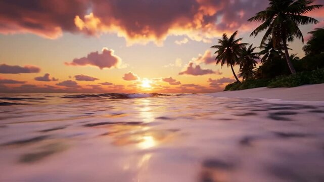 Tropical beach sunset with gentle ocean waves and palm trees, cinematic golden hour seascape for travel and relaxation background