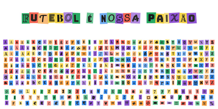 FUTEBOL E NOSSA PAIXAO, alfabeto estilo carta de sequestro com letras recortadas de revista para design criativo de cartazes esportivos