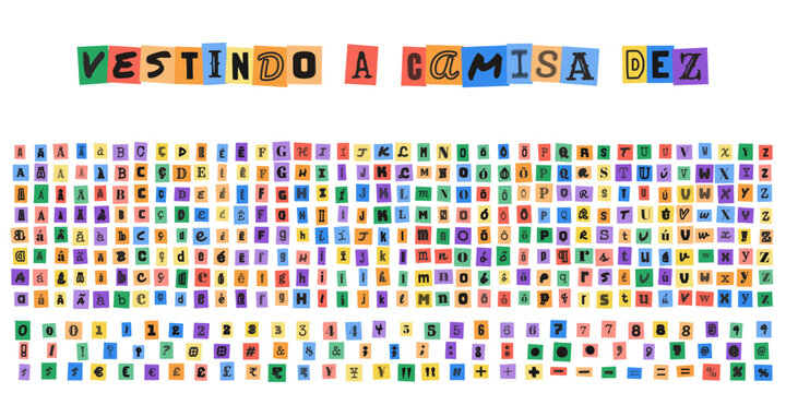 Vestindo a camisa dez, alfabeto estilo carta de resgate, letras e numeros coloridos recortados para design grafico e colagens criativas