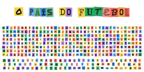 O PAIS DO FUTEBOL ransom note alphabet letters numbers and symbols collection for creative design projects and collage typography © velikiyzayats