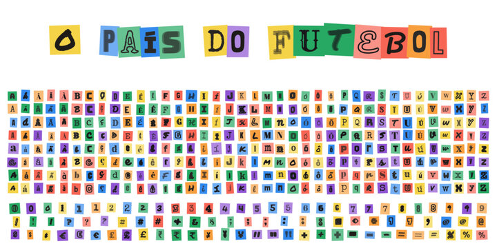 O PAIS DO FUTEBOL ransom note alphabet letters numbers and symbols collection for creative design projects and collage typography