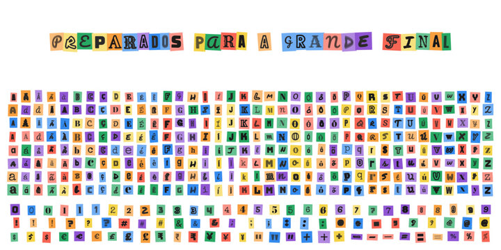 PREPARADOS PARA A GRANDE FINAL, alfabeto estilo carta de resgate com letras recortadas de revistas para design criativo e tipografia urbana