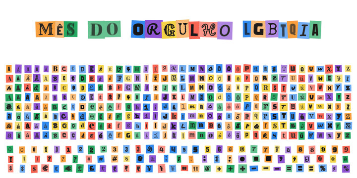 MES DO ORGULHO LGBTQIA, alfabeto estilo carta de resgate, letras recortadas de revista, tipografia colorida para design criativo