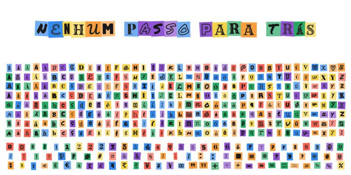 NENHUM PASSO PARA TRAS, alfabeto estilo carta de resgate, letras recortadas de revistas coloridas, design tipografico criativo para colagens