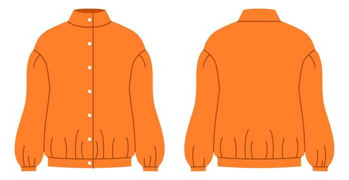 Orange blouse with high neckline, button front closure and long sleeves with fitted waist gathered hem creating clean modern silhouette. Technical fashion illustration in flat color, front back views