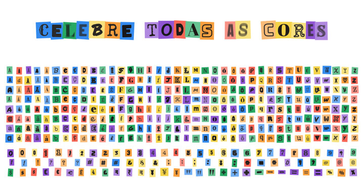 CELEBRE TODAS AS CORES, alfabeto estilo carta de resgate com letras recortadas de revistas para design criativo, colagem tipografica colorida