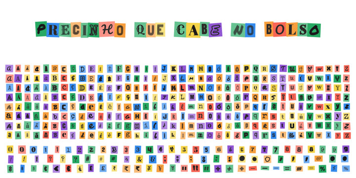 PRECINHO QUE CABE NO BOLSO, alfabeto estilo carta de resgate, letras recortadas de revistas, tipografia criativa para design de ofertas e promo&ccedil;&otilde;es comerciais