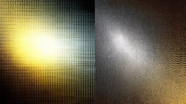 Abstract metallic grid texture background with glowing gold and silver split design. Industrial modern mesh pattern for digital art.