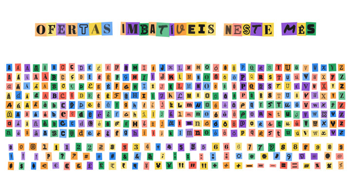 OFERTAS IMBATIVEIS NESTE MES, alfabeto de letras estilo recorte de revista, conjunto de caracteres tipograficos para design criativo e promocional