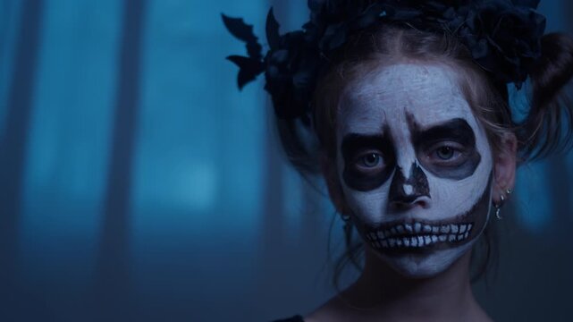 Girl with skull face paint making inviting hand gesture in dark Halloween scene. Creepy horror makeup with blue lighting and dramatic spooky atmosphere