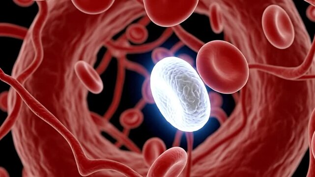 White Blood Cell Floating in Human Artery with Red Blood Cells for Medical Research and Immunology Concept