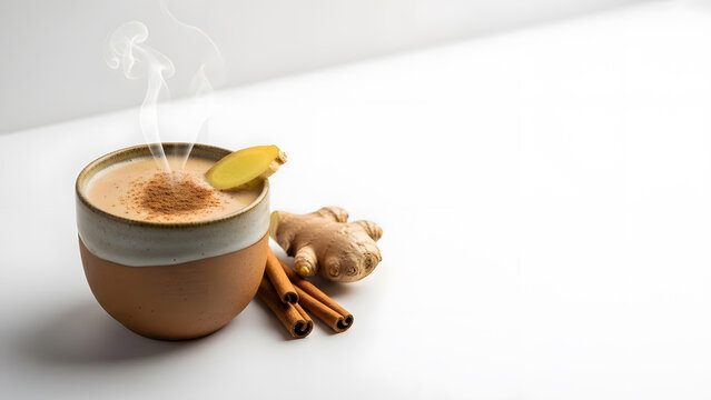 Steaming ginger chai latte in a rustic mug with fresh ginger root and cinnamon sticks on a white background.