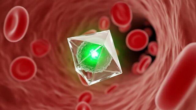 Nanotechnology drug delivery system inside human blood vessel with red blood cells for targeted medical therapy