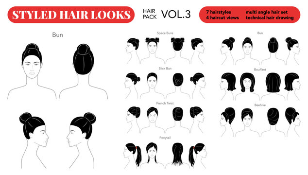 Styled hair looks technical drawing set with labeled bun, ponytail, french twist, bouffant, beehive and updo styles, black and white diagrams for professional training