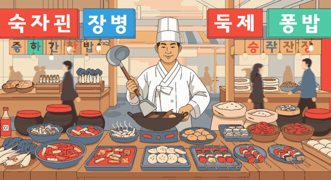 Korean chef serving traditional food at a busy market stall with various dishes displayed