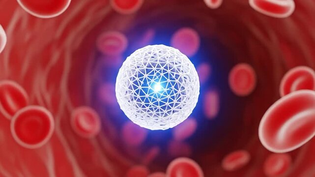 Nanotechnology drug delivery system inside human blood vessel with red blood cells for medical research and biotechnology