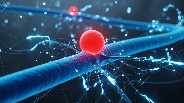 Nanotechnology particle interacting with nerve fiber axon in digital biological research environment