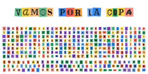 VAMOS POR LA COPA ransom note alphabet set, collage style letters for sports design, creative typography for posters and banners © velikiyzayats