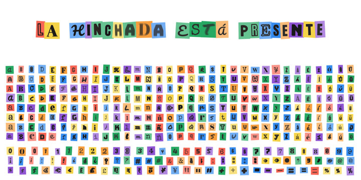 LA HINCHADA ESTA PRESENTE, abecedario estilo nota de rescate, letras recortadas de revistas para diseno grafico y collage creativo