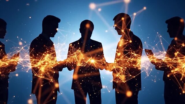 Digital Network Connectivity Concept with Diverse Business Professionals Standing in a Row Connected by Glowing Data Lines