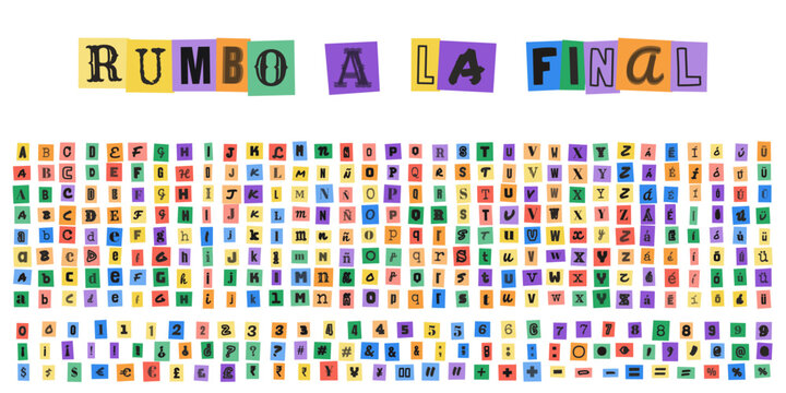 RUMBO A LA FINAL letras estilo rescate sobre papel colorido para diseno grafico creativo y composicion de mensajes tipograficos