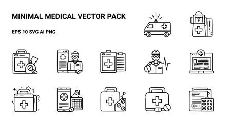 Fototapeta premium Minimal medical vector pack featuring ambulance and first aid kit icons in black and white line art style for healthcare websites and medical clinic digital interface and design elements