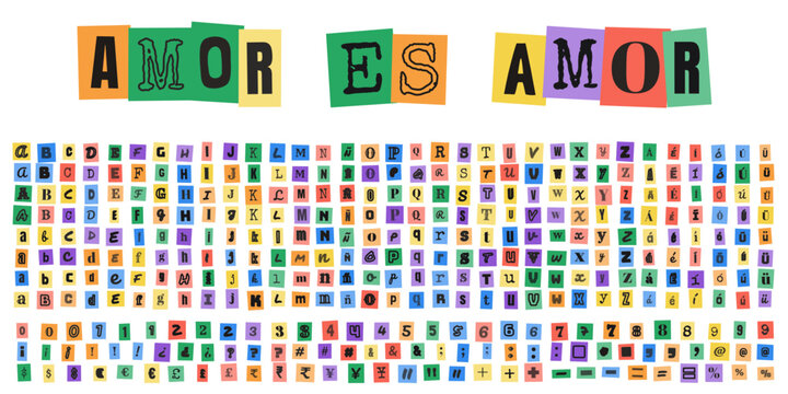 AMOR ES AMOR letras estilo nota de rescate para diseno grafico, alfabeto completo con numeros y simbolos para composicion de mensajes