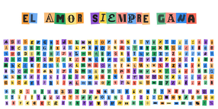 EL AMOR SIEMPRE GANA, abecedario estilo nota de rescate con letras recortadas de revistas para disenos tipograficos creativos y mensajes personalizados