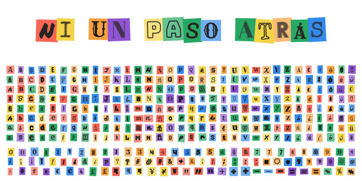 Ni un paso atras, abecedario estilo nota de rescate con letras recortadas de revistas para diseno grafico, tipografia creativa y collage