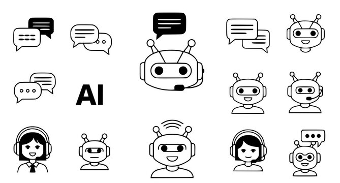 Artificial intelligence chatbot and virtual assistant line icons featuring customer support and digital communication symbols for tech startup website interface design in clean vector graphic style