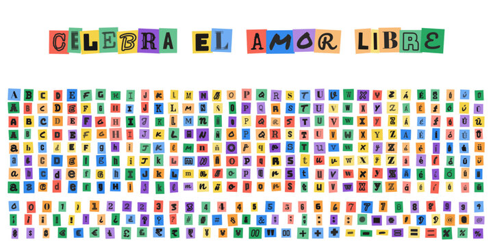 CELEBRA EL AMOR LIBRE letras estilo recorte de revista para diseno grafico creativo y composicion de mensajes tipograficos personalizados