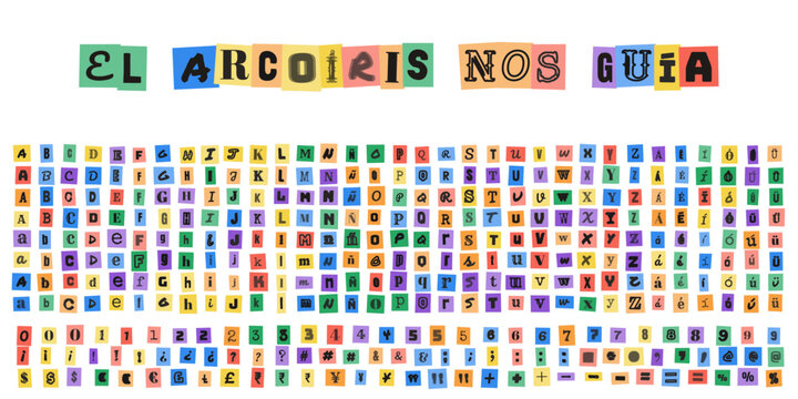 EL ARCOIRIS NOS GUIA, abecedario estilo nota de rescate con letras y numeros coloridos para diseno grafico creativo y tipografia