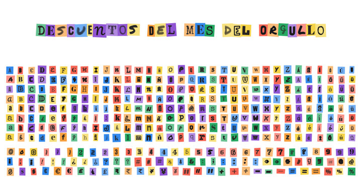 DESCUENTOS DEL MES DEL ORGULLO, letras estilo recorte de revista, alfabeto colorido para diseno grafico, tipografia creativa y divertida
