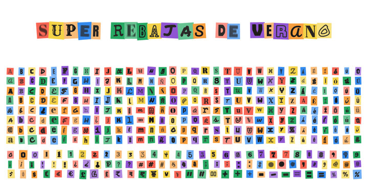 SUPER REBAJAS DE VERANO, letras estilo nota de rescate para diseno grafico, alfabeto recortado de revistas para carteles de ofertas y promociones