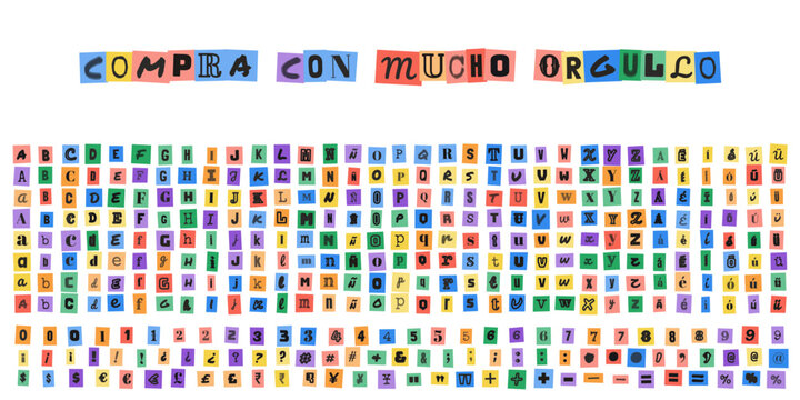COMPRA CON MUCHO ORGULLO, abecedario estilo nota de rescate, letras recortadas de revistas para diseno grafico, tipografia creativa y urbana