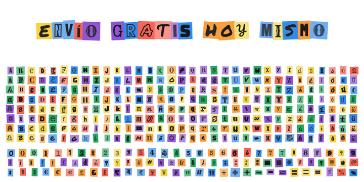 Envio gratis hoy mismo, alfabeto estilo nota de rescate, letras recortadas de revistas, tipografia creativa para diseno grafico y carteles