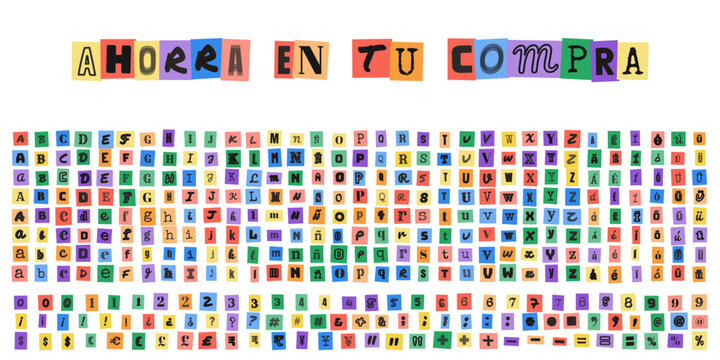 AHORRA EN TU COMPRA, letras de estilo rescate para diseno grafico, alfabeto recortado de revistas, tipografia creativa para carteles de ofertas