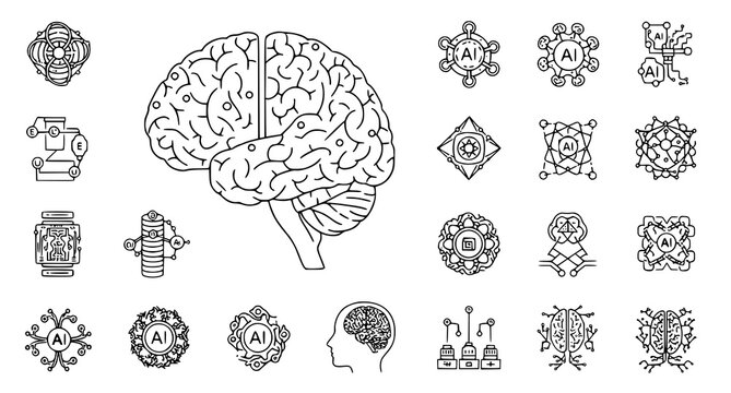Artificial intelligence and human brain concept icons for neural network development and cognitive computing research as a minimalist vector graphic set for technology and science