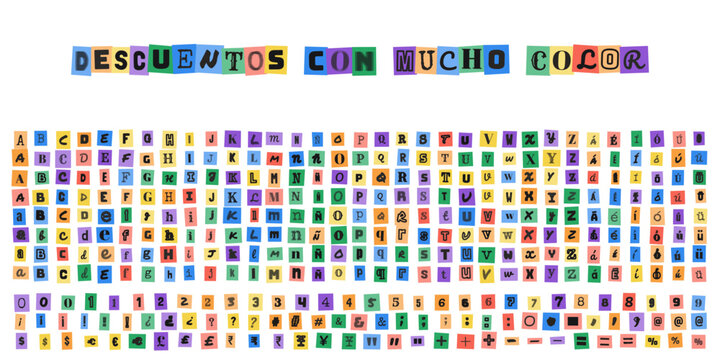 Descuentos con mucho color, letras estilo nota de rescate, alfabeto completo y numeros para diseno grafico creativo, tipografia recortada de revistas para carteles de ofertas