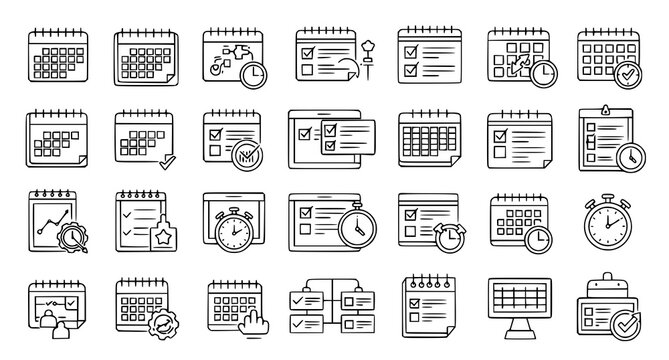 Calendar and task management icons featuring schedule planning and time tracking for project productivity and business organization as a professional black and white line art vector set