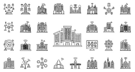 Naklejka premium Collection of smart city and urban infrastructure icons featuring wireless connectivity buildings and network distribution nodes for modern city planning