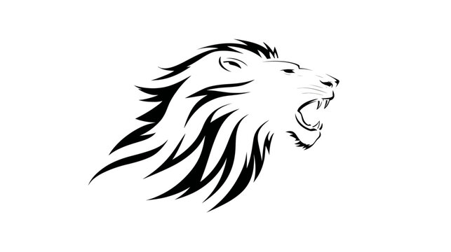 Powerful black and white roaring lion head vector illustration with majestic stylized mane, symbolizing strength and courage.