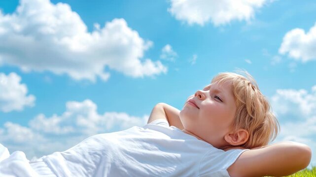 Happy preteen boy lying on green grass under blue sky. Carefree childhood moments during sunny summer day. Low angle view.